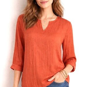 NWT Chico’s Crinkle Shine Split-Neck Pullover Rustic Orange size L